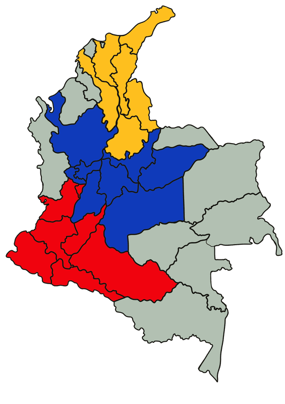 Map of Colombia's coffee regions, coloured yellow, blue and red from north to south
